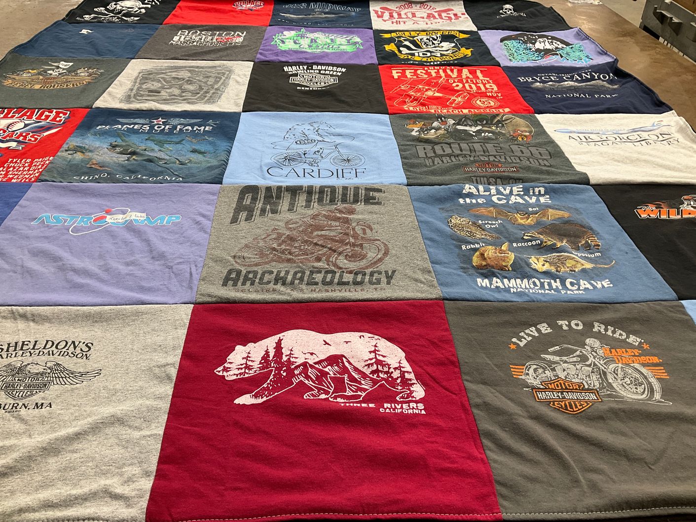 T-shirt quilt with motorcycles, national parks themes by Kelly from CA