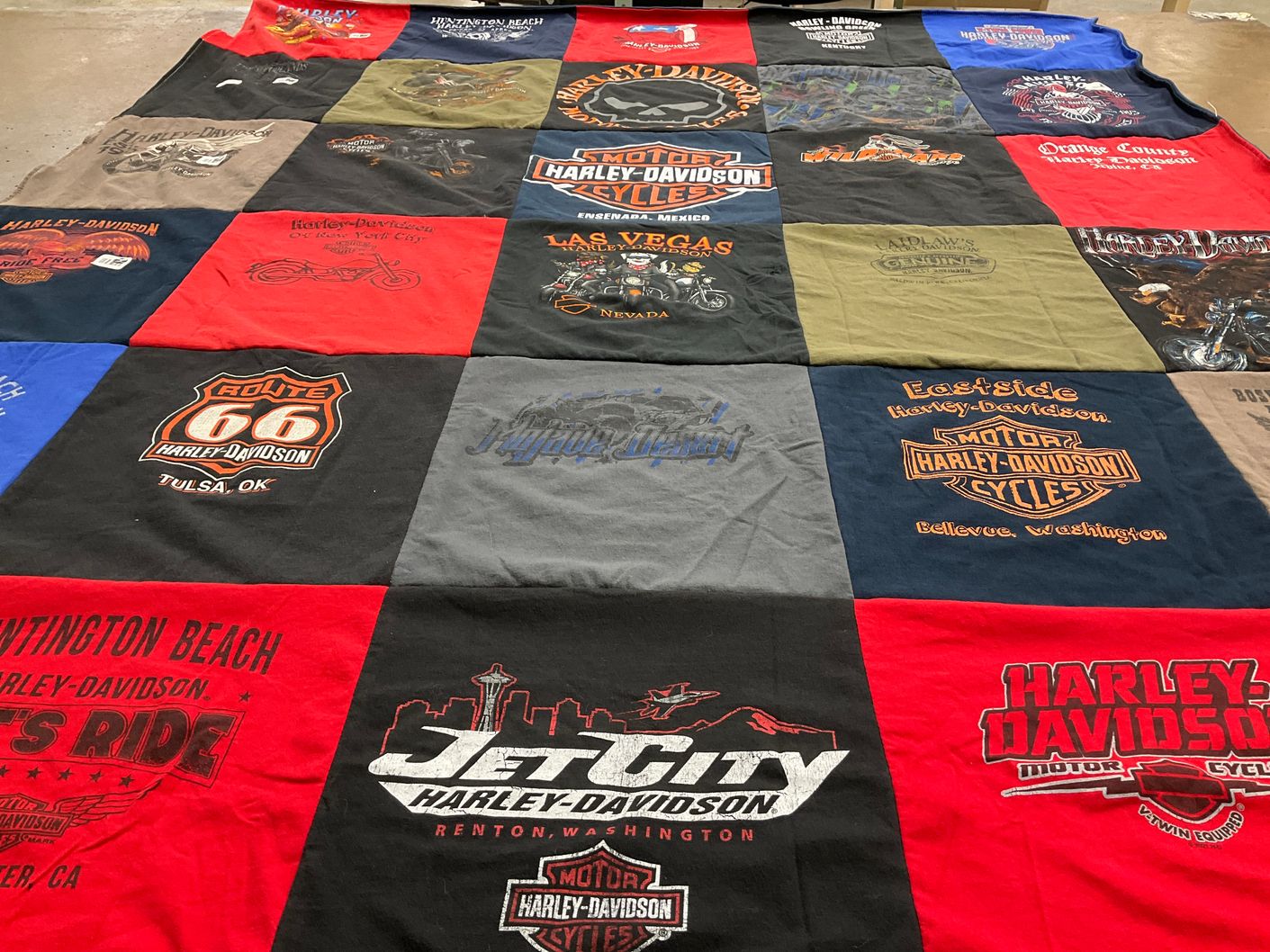 T-shirt quilt with motorcycles, biking themes by Kelly from CA