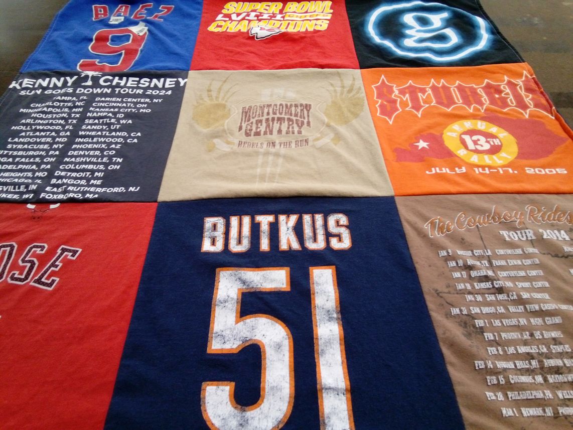 T-shirt quilt with music, sports themes by Pamela from MO