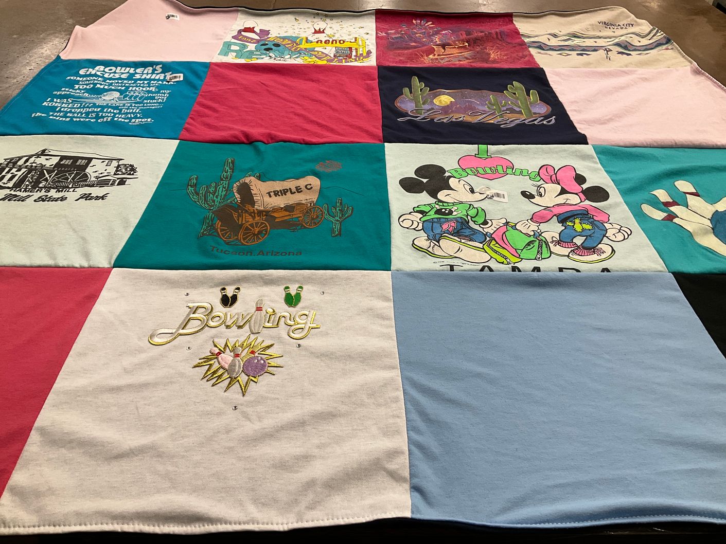 T-shirt quilt with bowling, travel themes by Patricia from IN