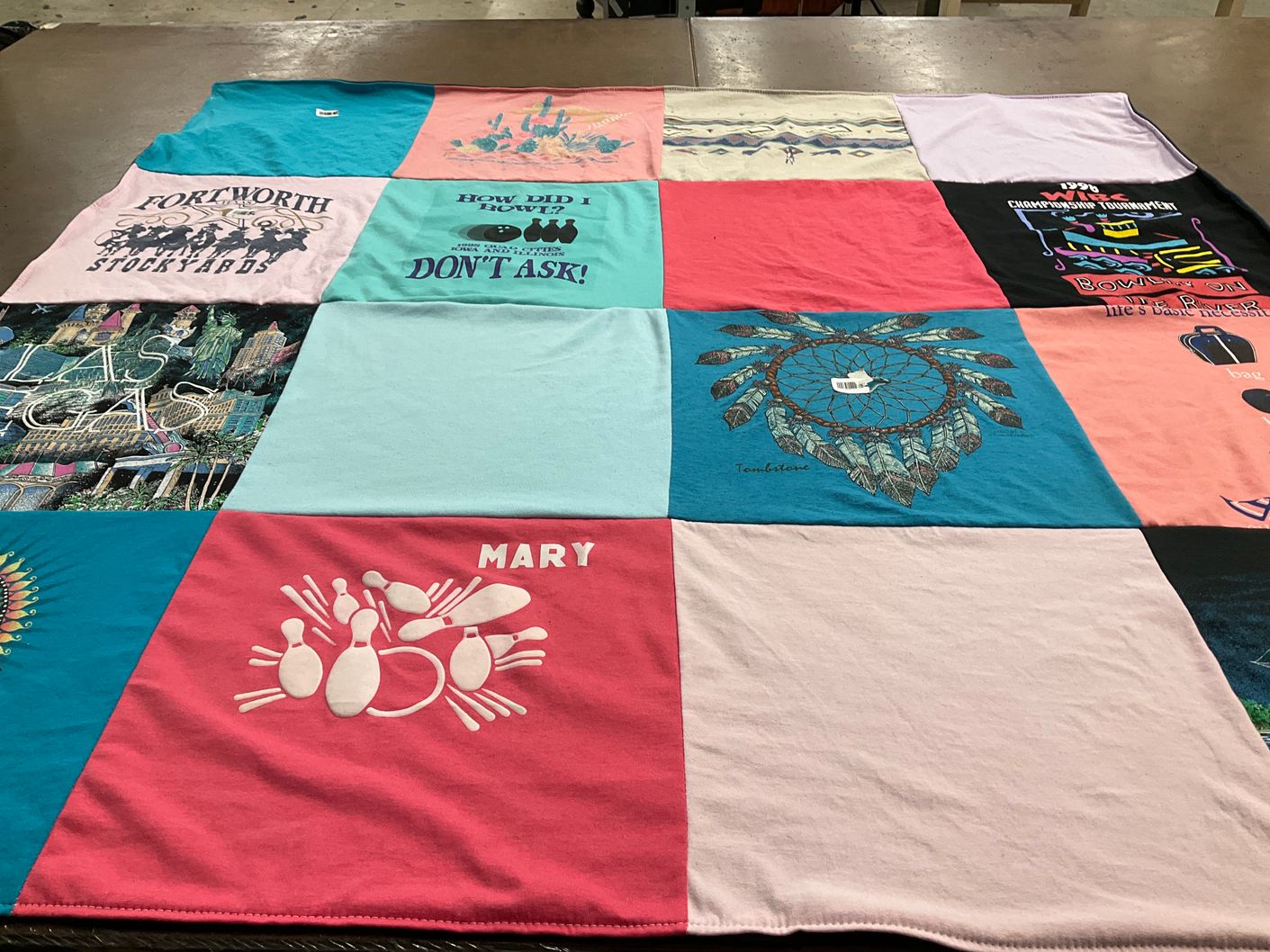 T-shirt quilt with bowling, travel themes by Patricia from IN