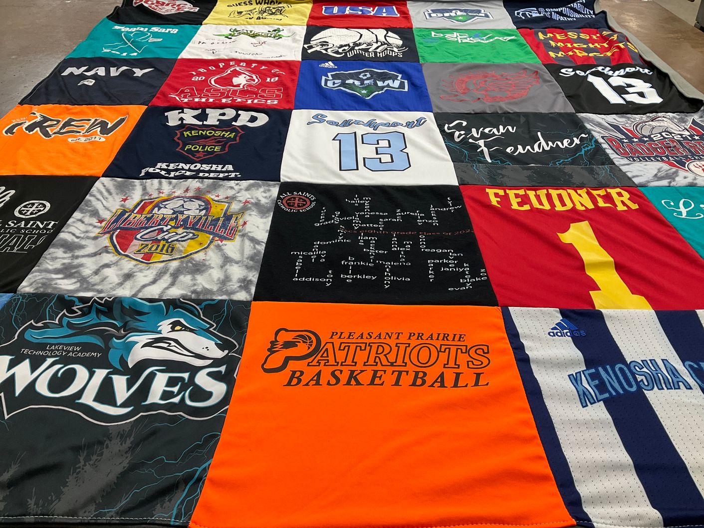 T-shirt quilt featuring pleasant prairie patriots basketball, lakeview technology academy wolves by Lesley from WI