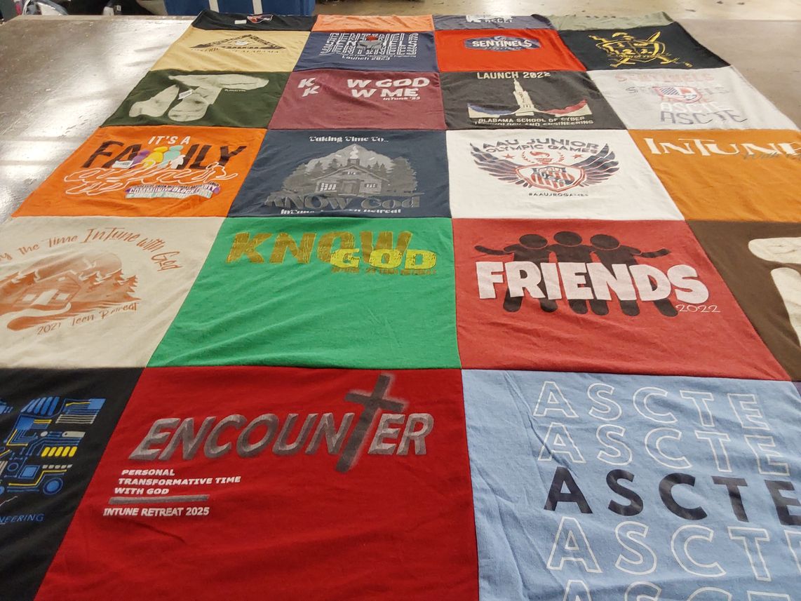 T-shirt quilt with religion, youth activities themes by Erika from AL