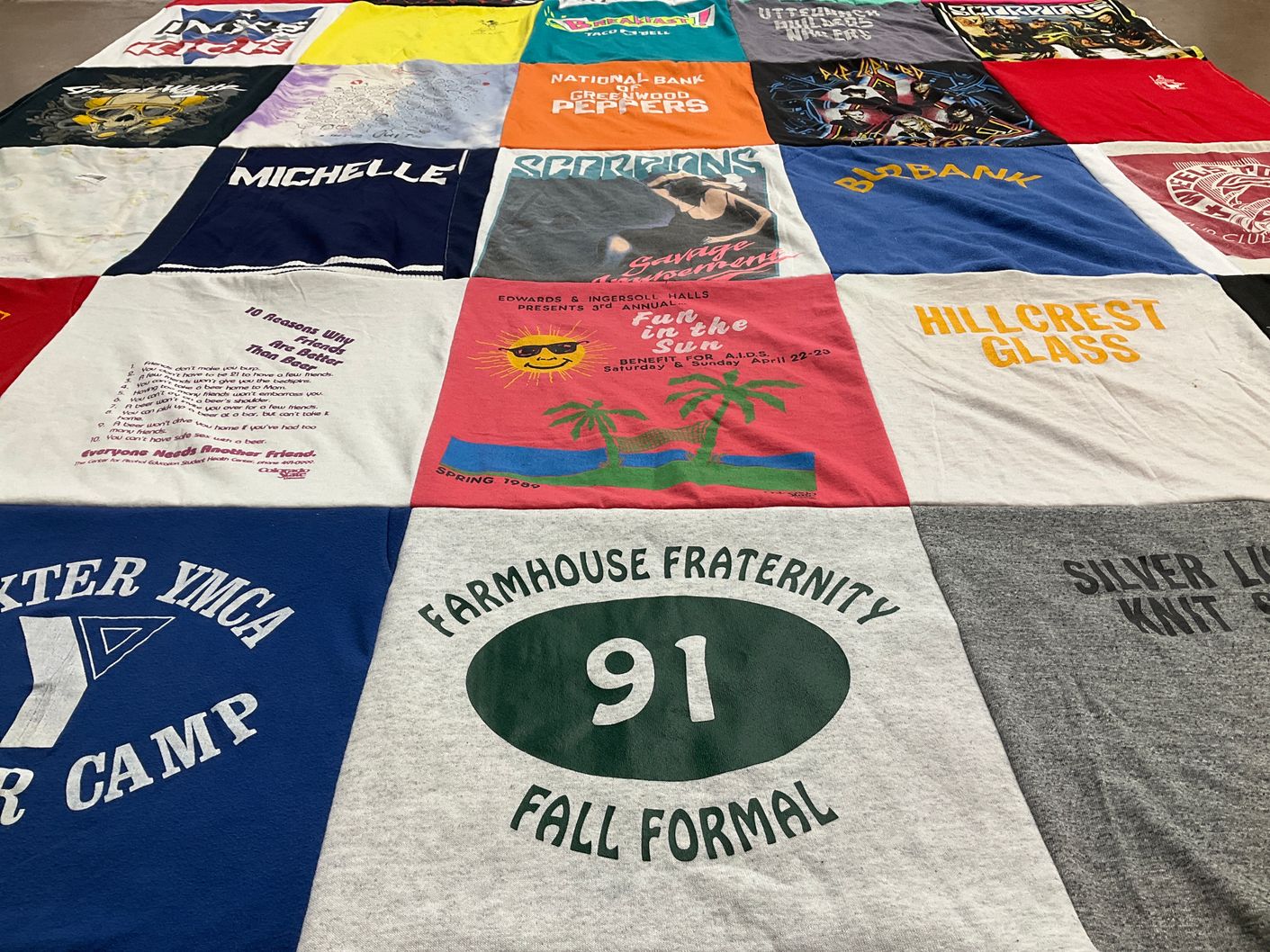 T-shirt quilt with camping, fraternities themes by Michelle from CO