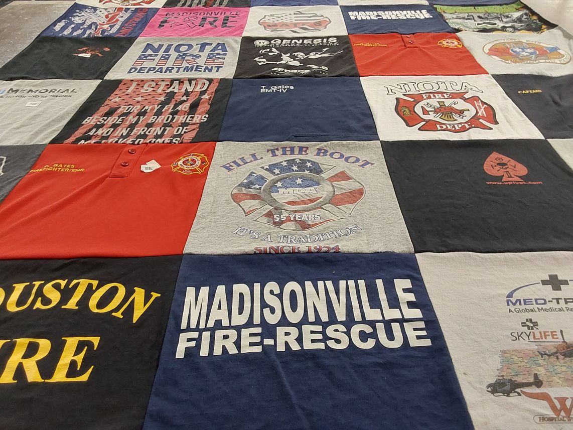 T-shirt quilt with firefighting, rescue operations themes by Chad from TN
