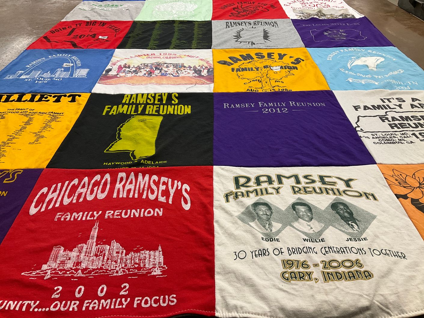 T-shirt quilt with family gatherings, genealogy themes by CORNELIA from IN