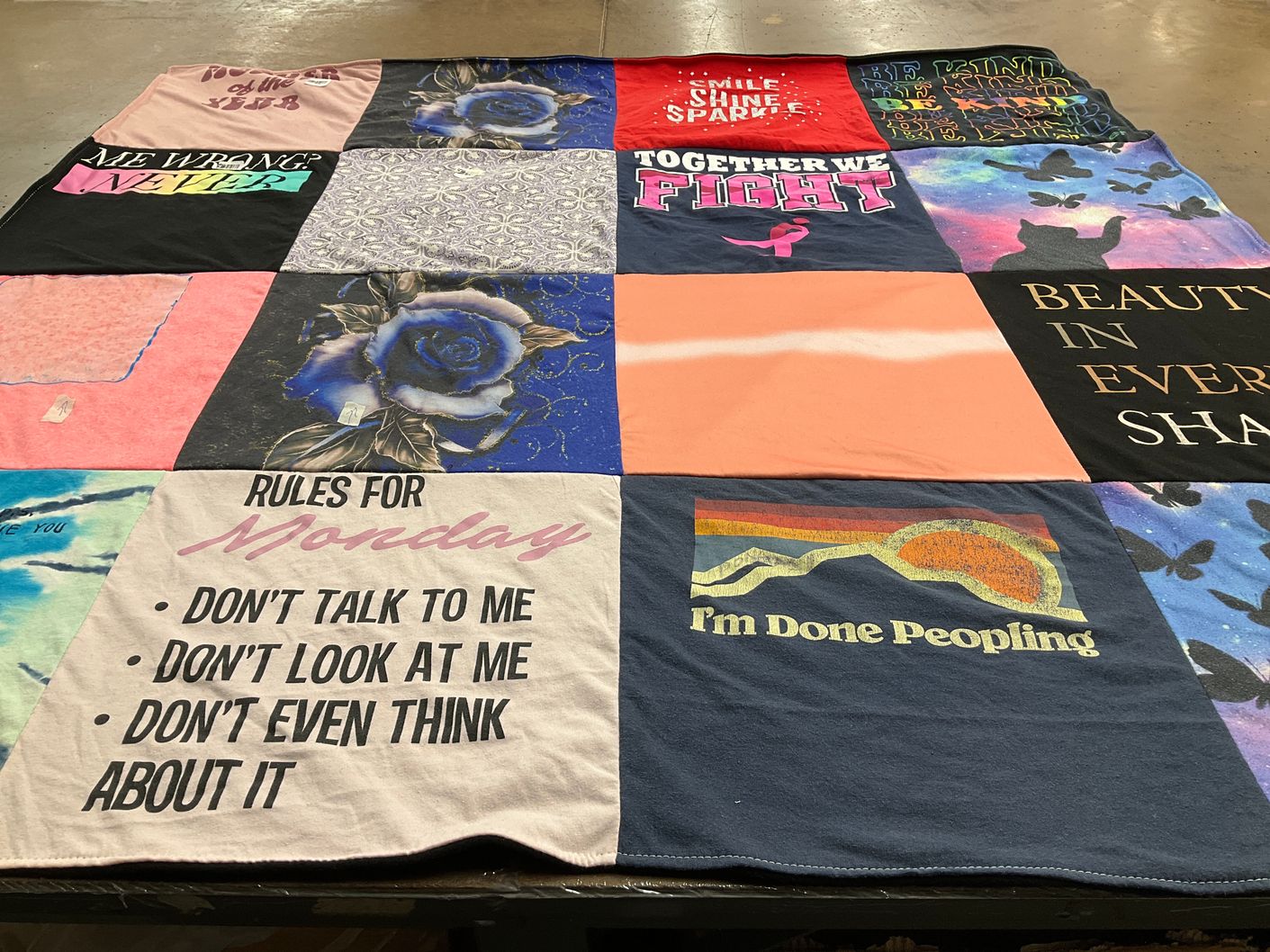 T-shirt quilt with motivation, self-care themes by Kristle from HI