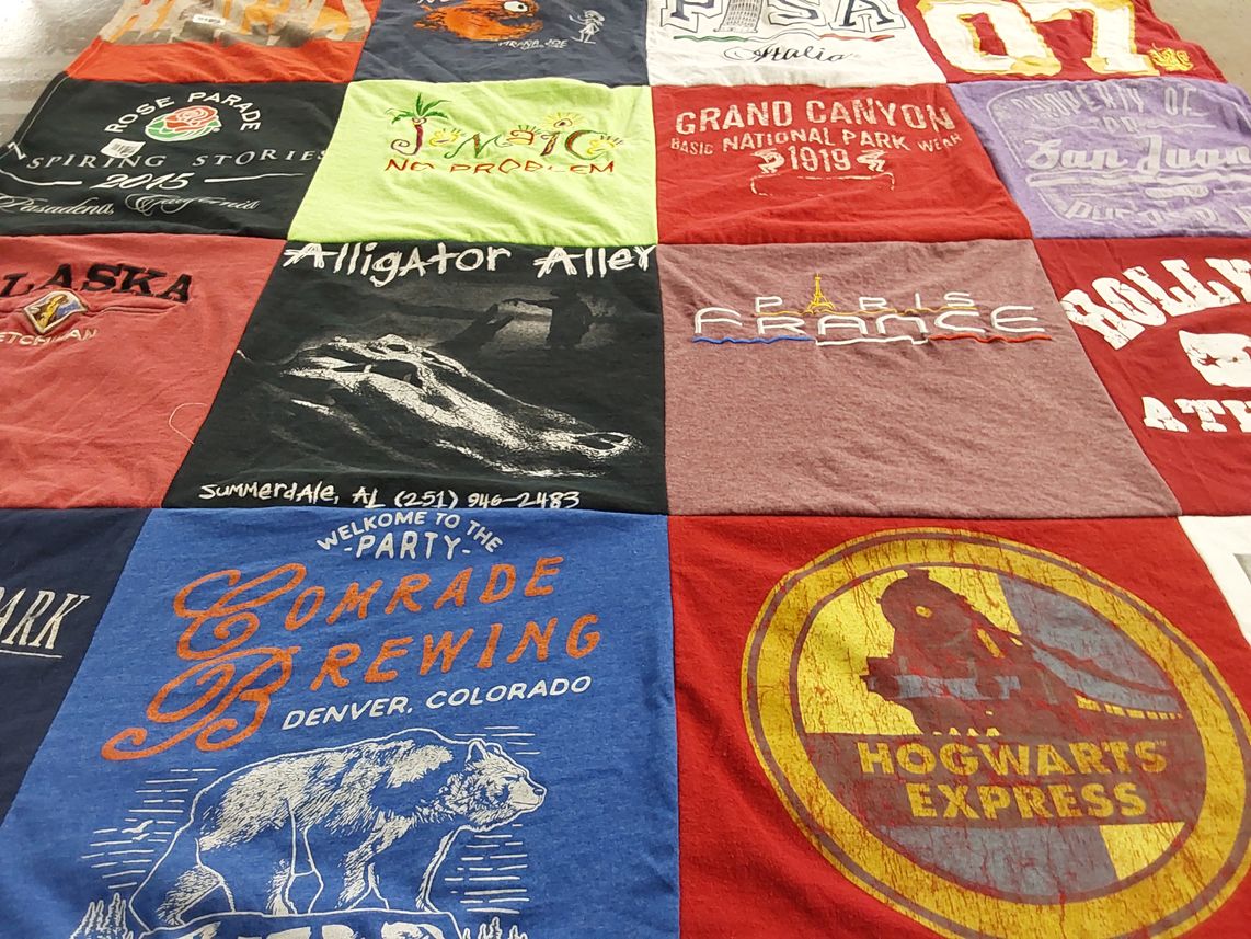 T-shirt quilt with travel, brewing themes by Laura from AL