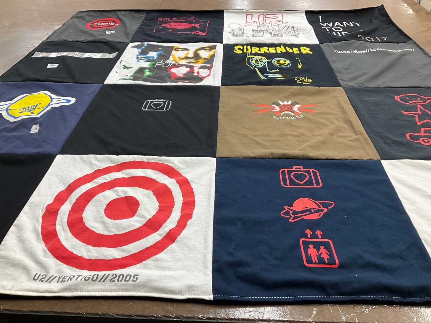 T-shirt quilt with music, concerts themes by Milton from CA