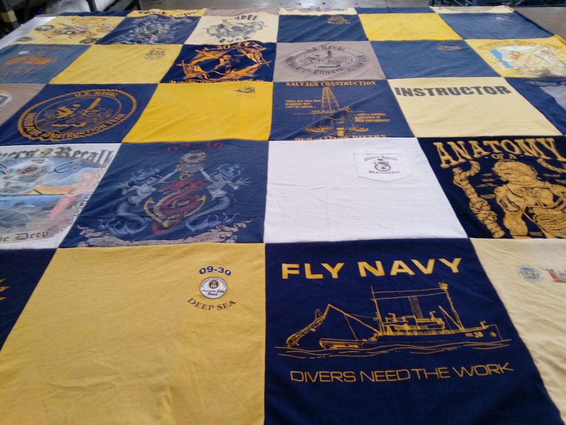 T-shirt quilt with military, diving themes by Stacilyn from FL