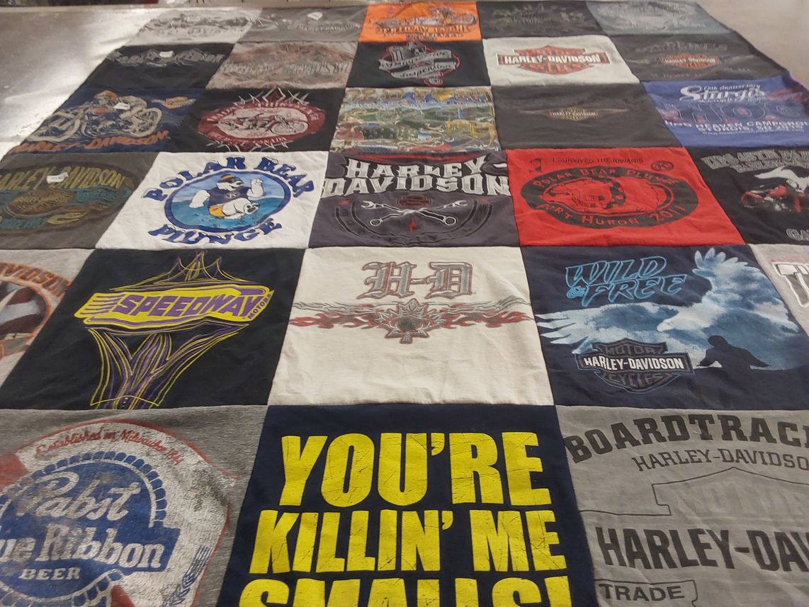 T-shirt quilt with motorcycling, biking themes by Thomas from MI