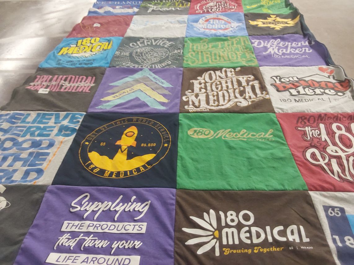 T-shirt quilt with healthcare, medical services themes by Lindsay from OK