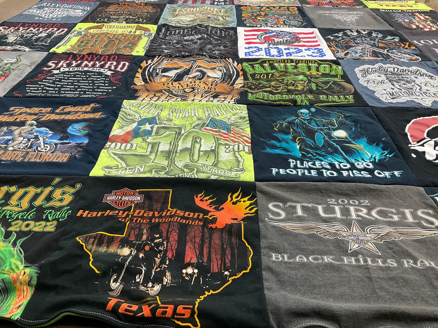 T-shirt quilt with motorcycling, rallies themes by Maria from TX