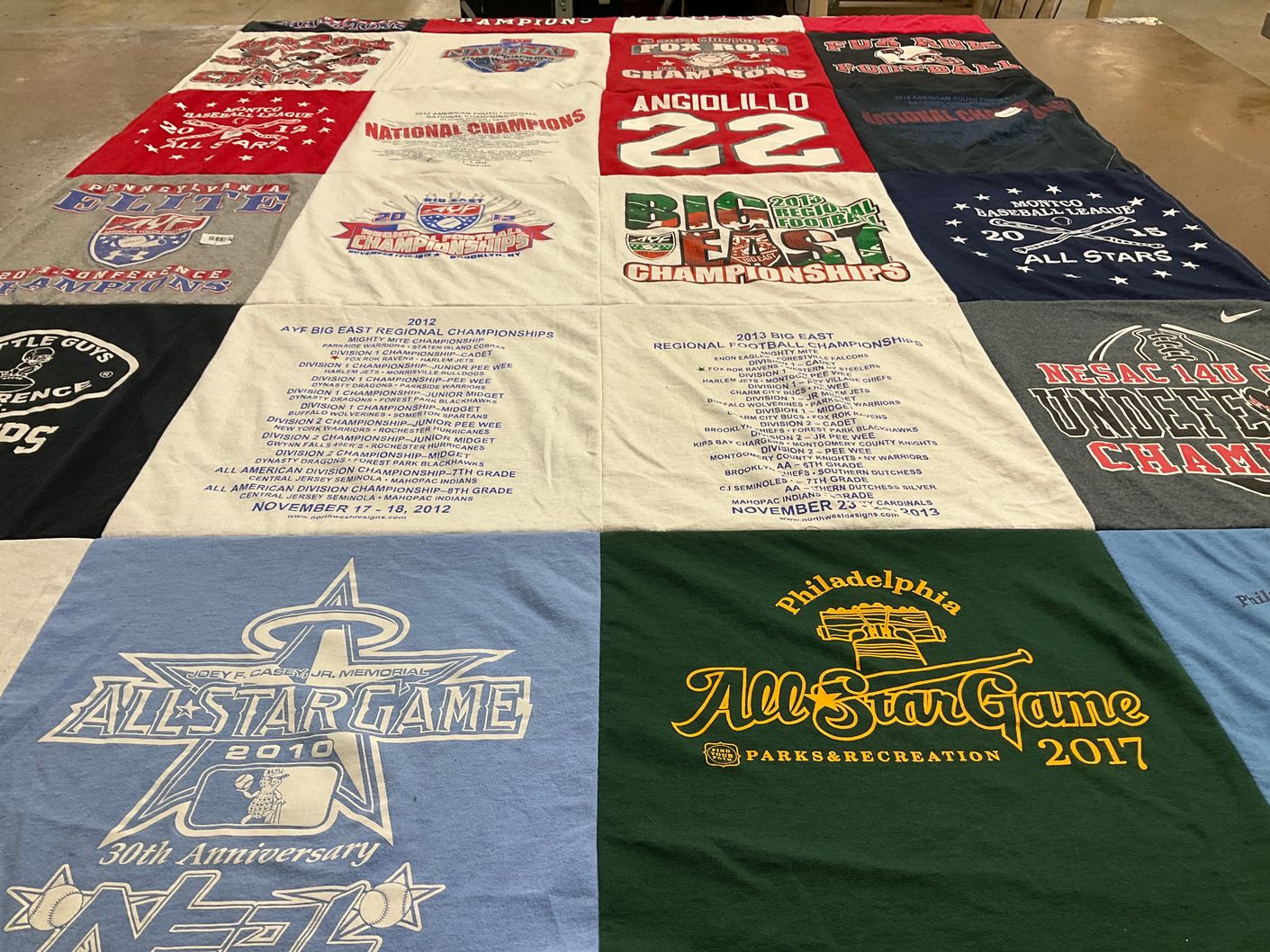 T-shirt quilt with sports, football themes by Ernest from PA