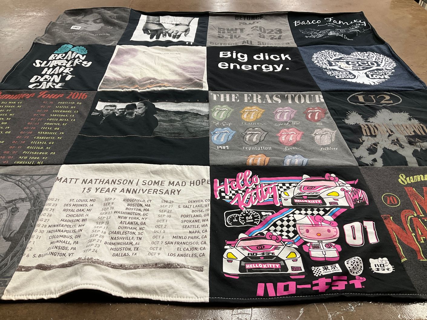 T-shirt quilt with music, concerts themes by Paige from CA