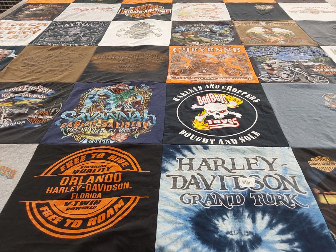 T-shirt quilt with motorcycling, biking themes by Teresa from FL