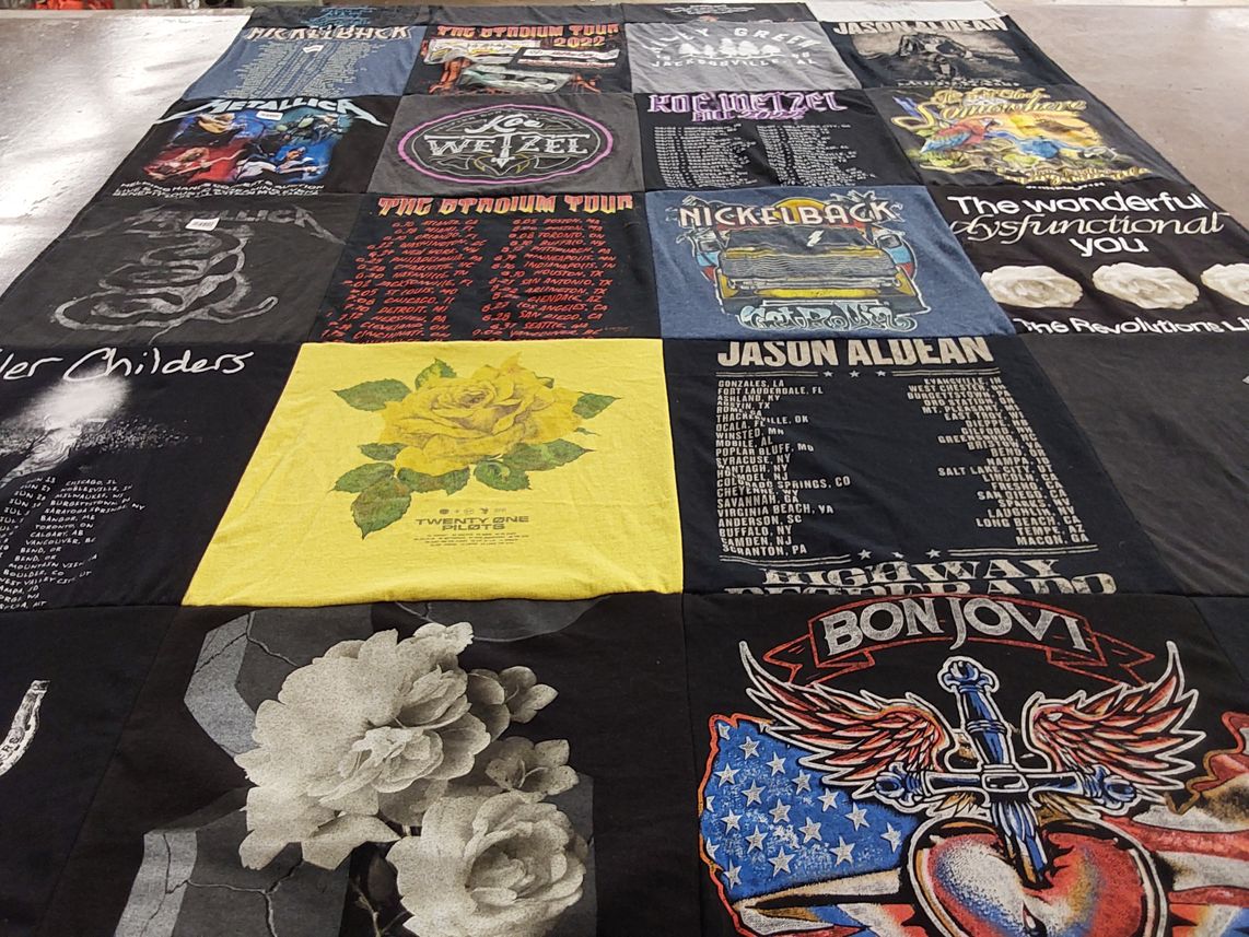 T-shirt quilt with music, rock themes by Genevieve from GA