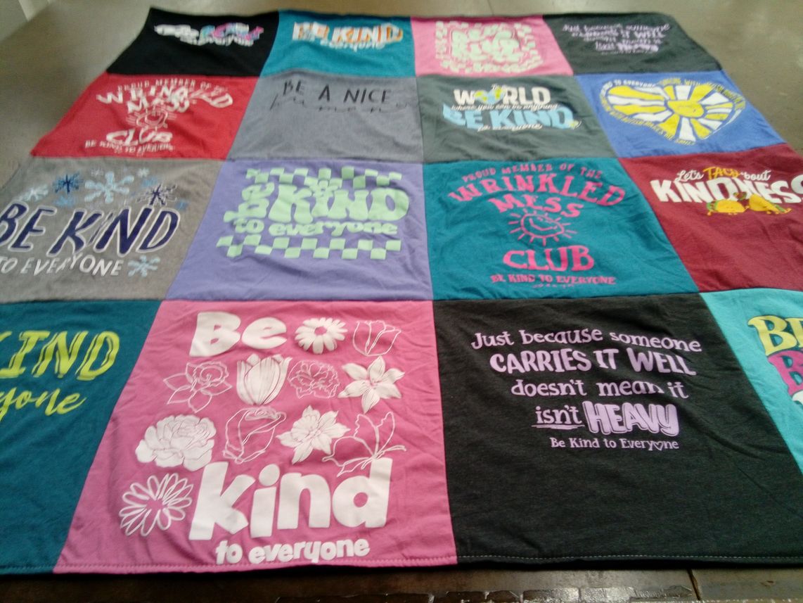 T-shirt quilt with kindness themes by Kelly from OH