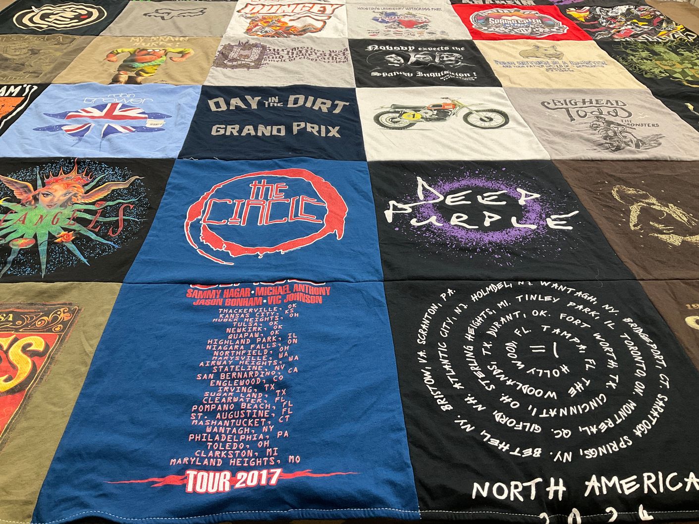 T-shirt quilt with music, motorsports themes by Susan from TX