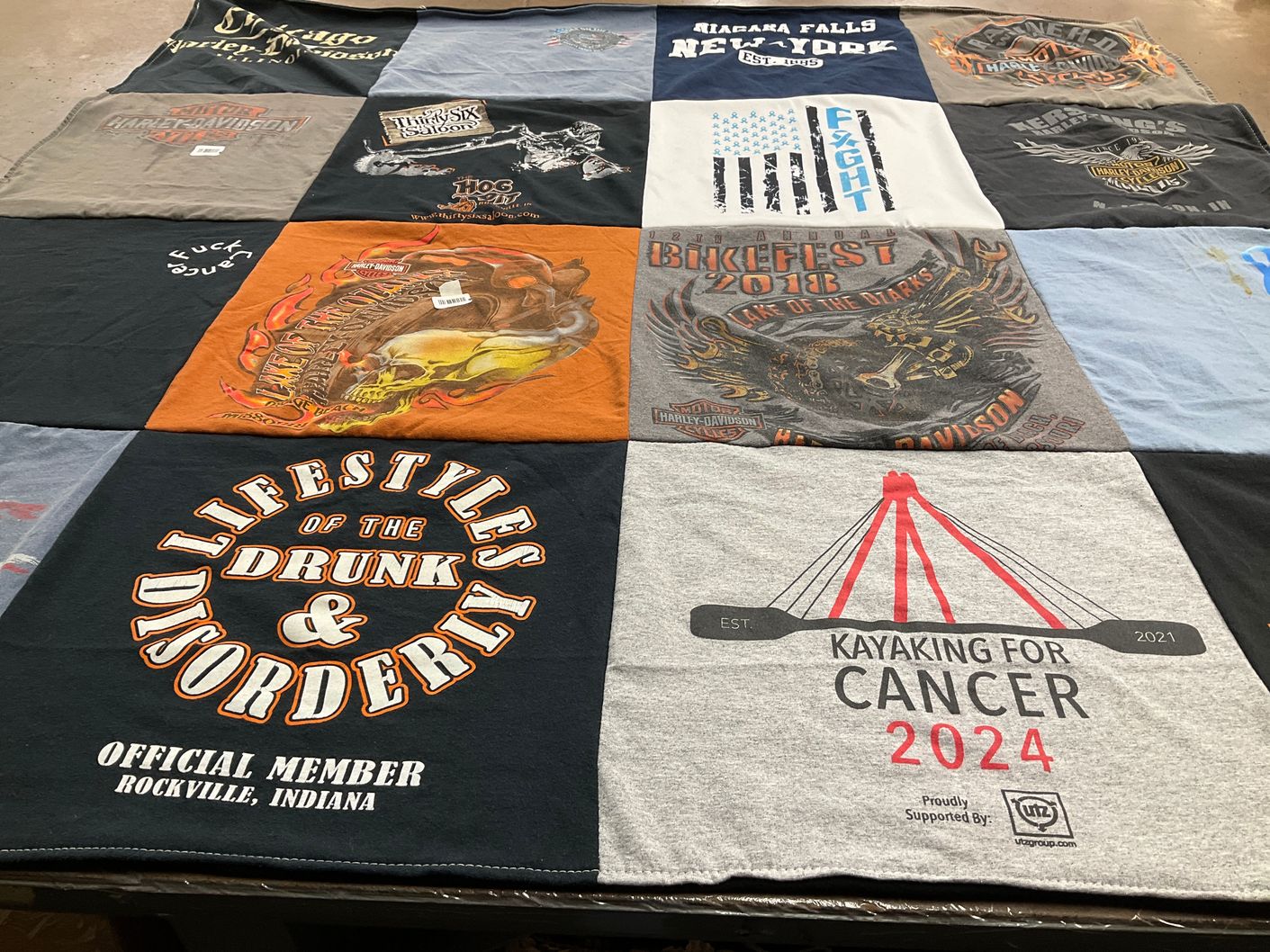T-shirt quilt with motorcycling, outdoor activities themes by Bonita from IN