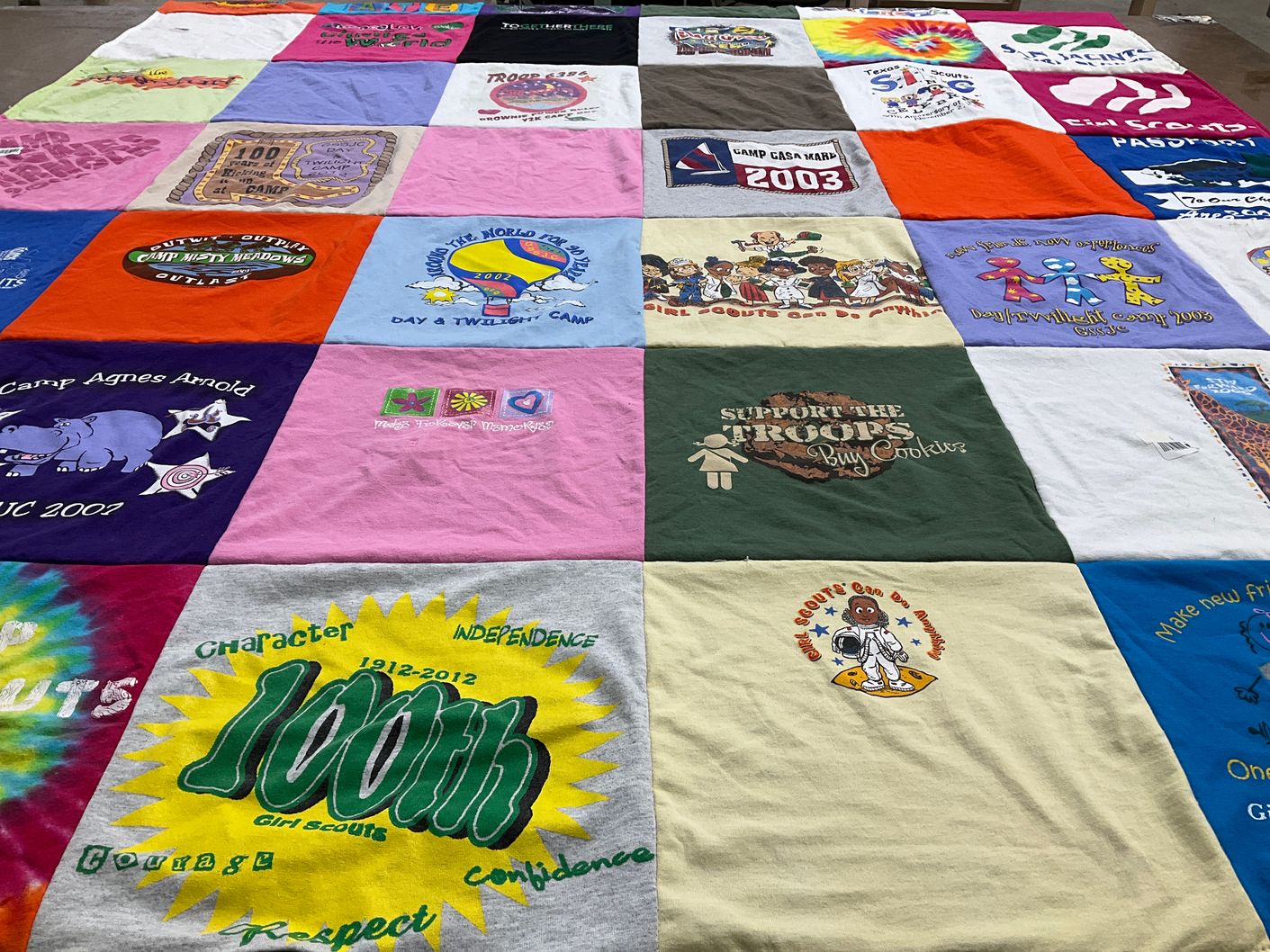 T-shirt quilt with girl scouting, camping themes by Patricia from TX