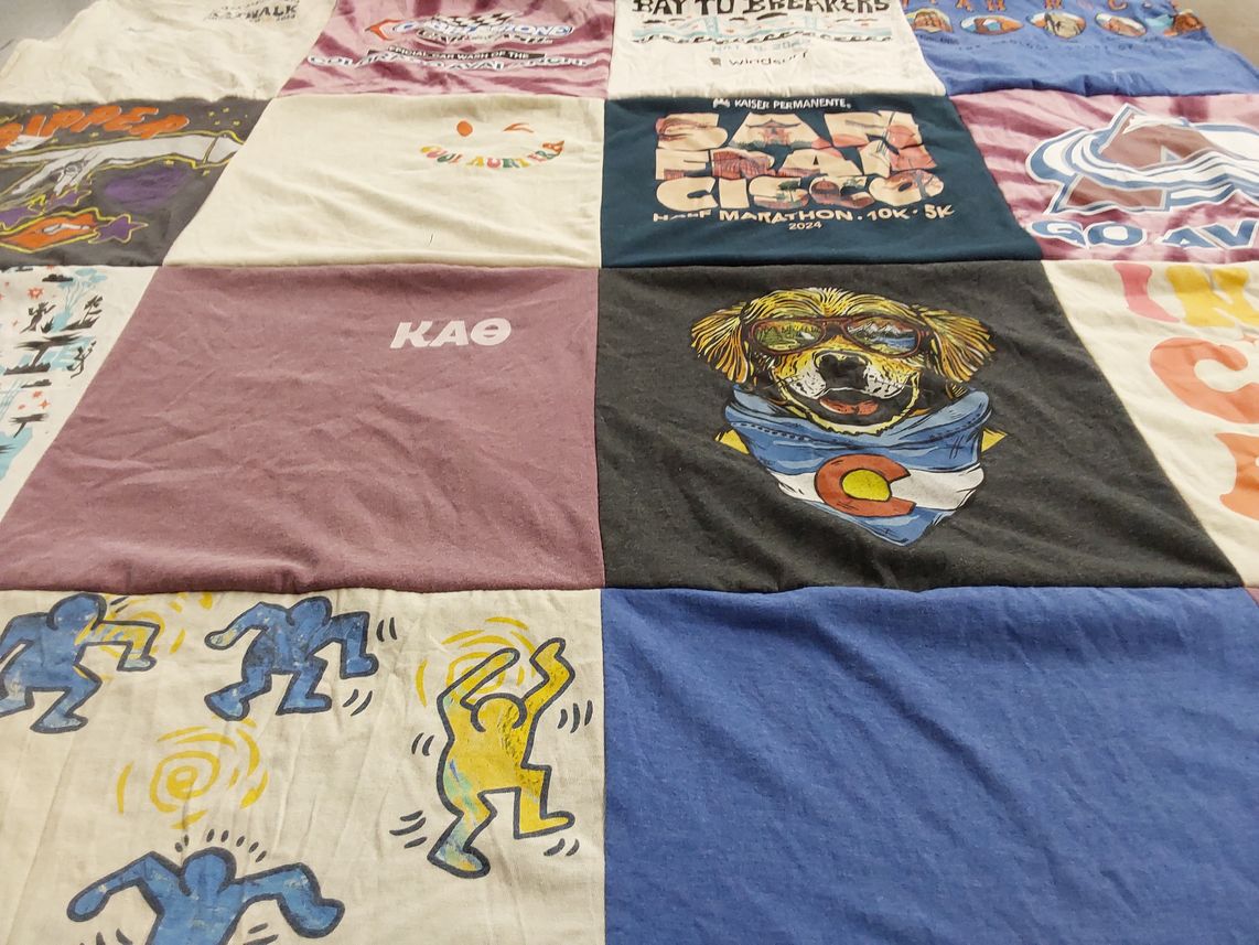 T-shirt quilt with running, sports themes by Aniela from CA