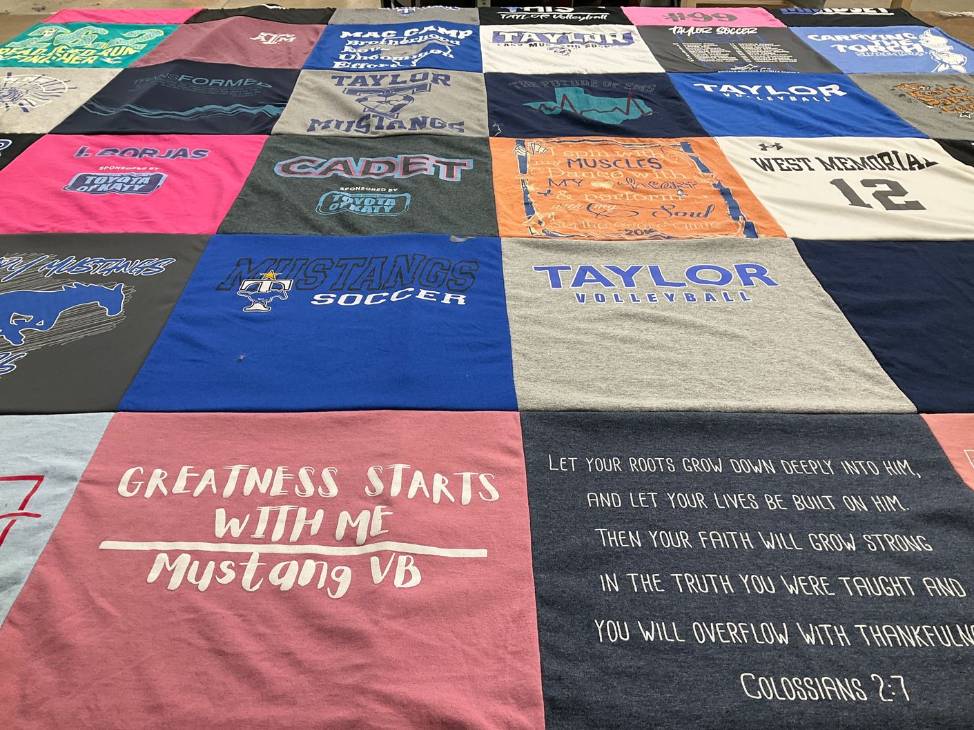 T-shirt quilt featuring taylor mustangs, taylor volleyball by Melissa from TX