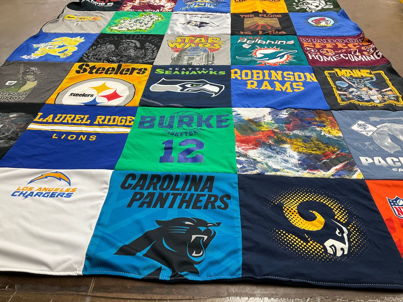 T-shirt quilt featuring los angeles chargers, carolina panthers by Aimee from VA