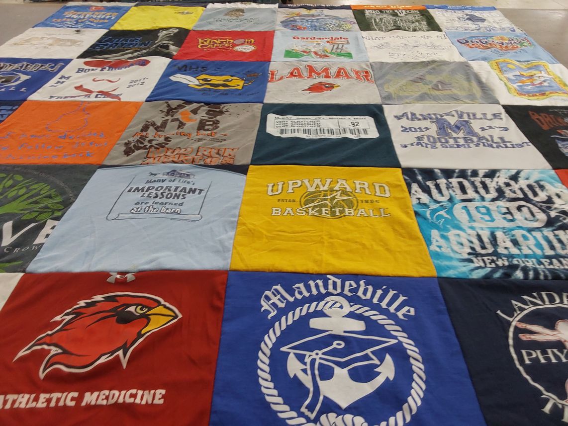 T-shirt quilt featuring mandeville high school football, audubon charter school basketball by Jessica from LA