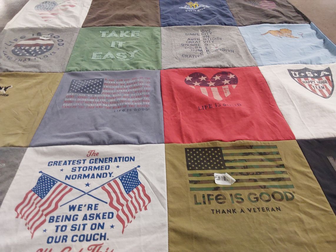 T-shirt quilt with patriotism, veterans themes by Tracy from MA