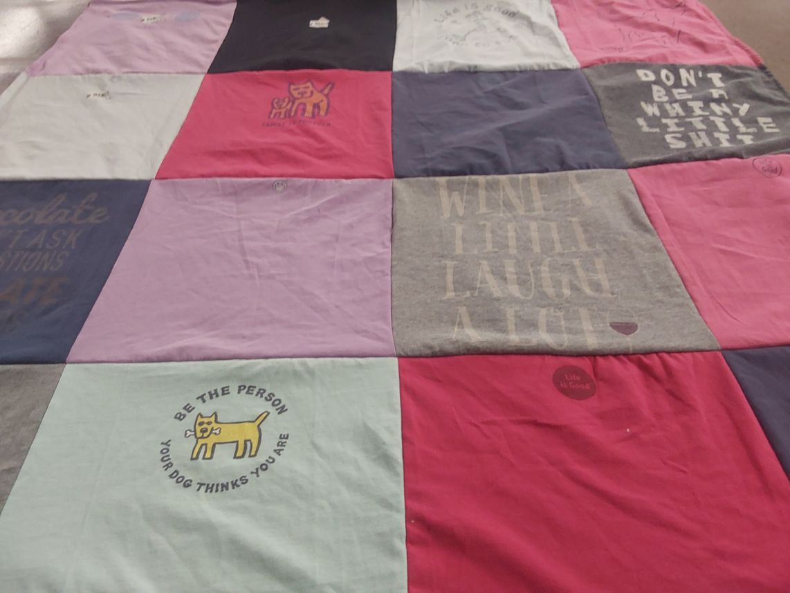 T-shirt quilt with wine, dogs themes by Tracy from MA