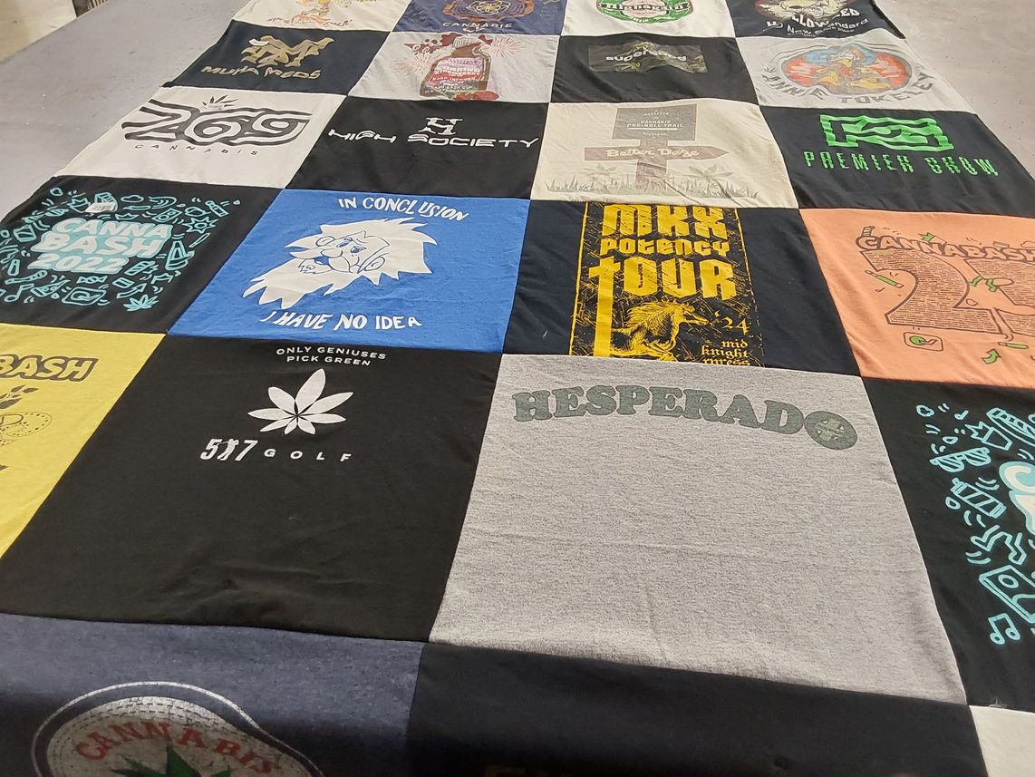 T-shirt quilt with cannabis culture, golf themes by JAMES from MI