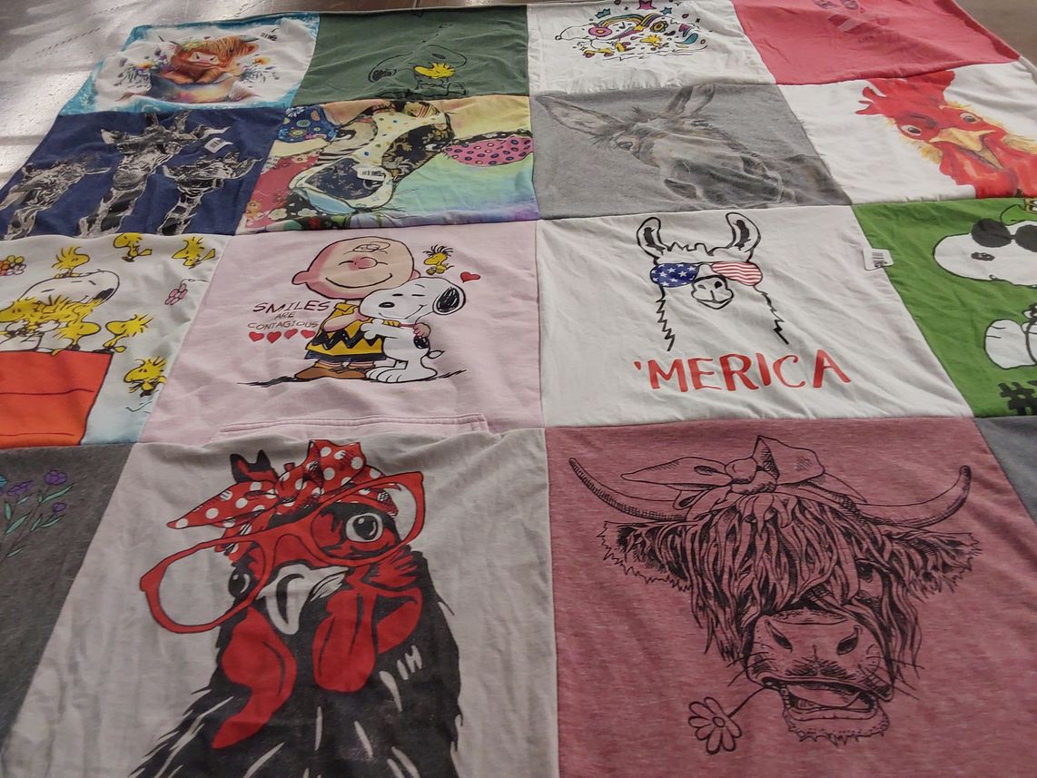 T-shirt quilt with cartoons, funny animals themes by Susan from WI