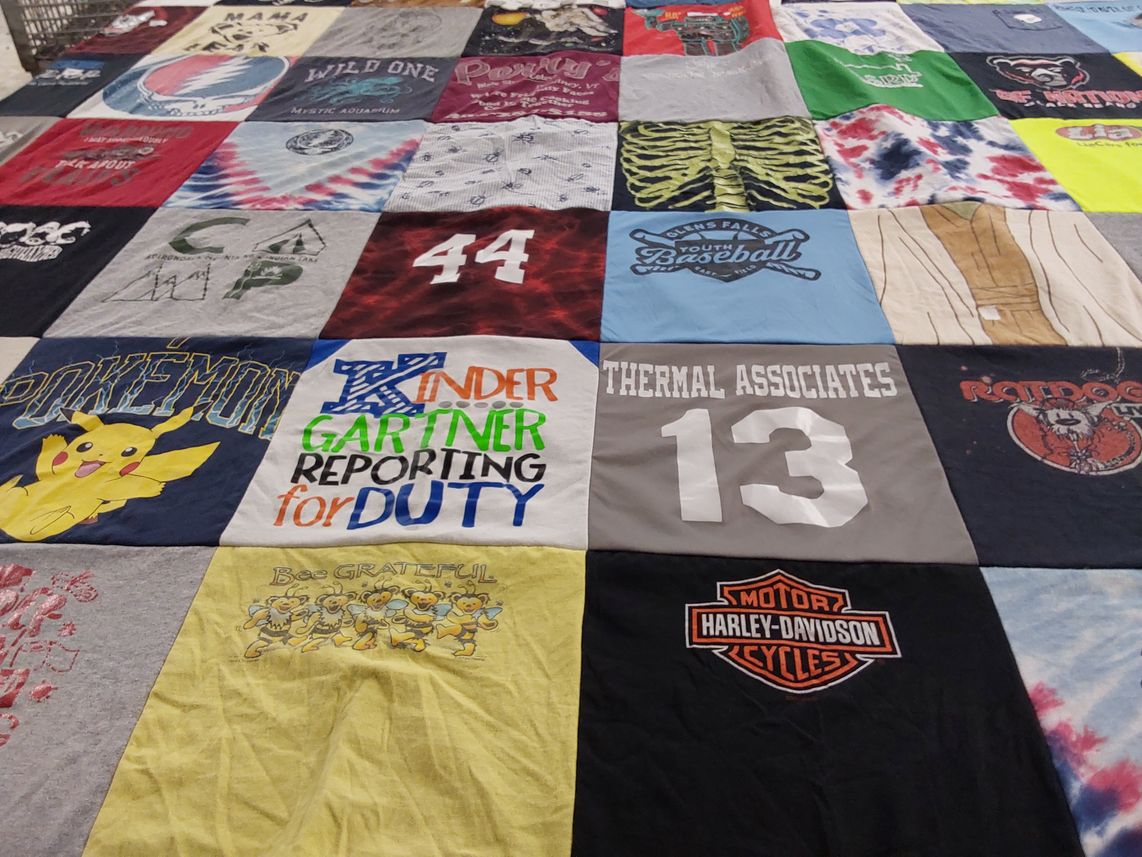T-shirt quilt with camping, pokemon themes by Sharon from NY