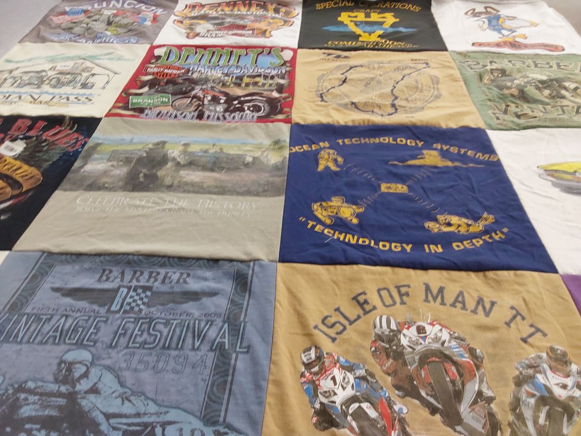 T-shirt quilt with motorcycles, technology themes by Laura from FL