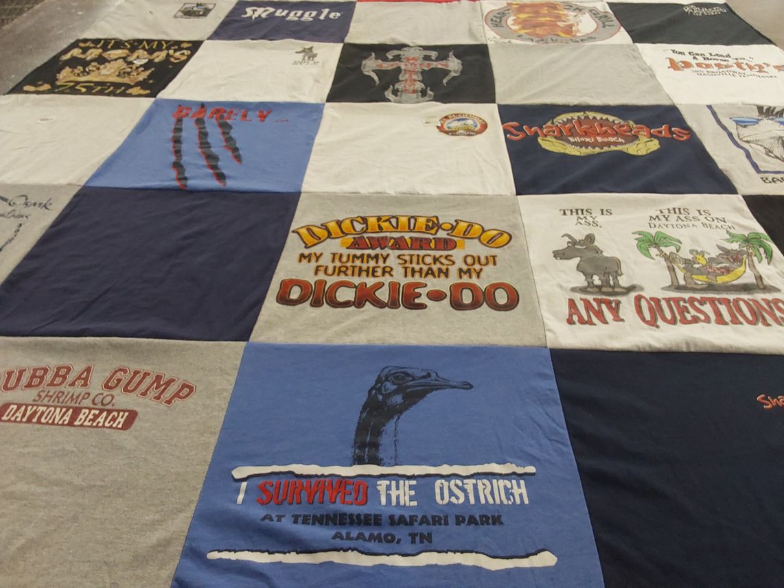 T-shirt quilt with beach, shrimp themes by Sandra from TN