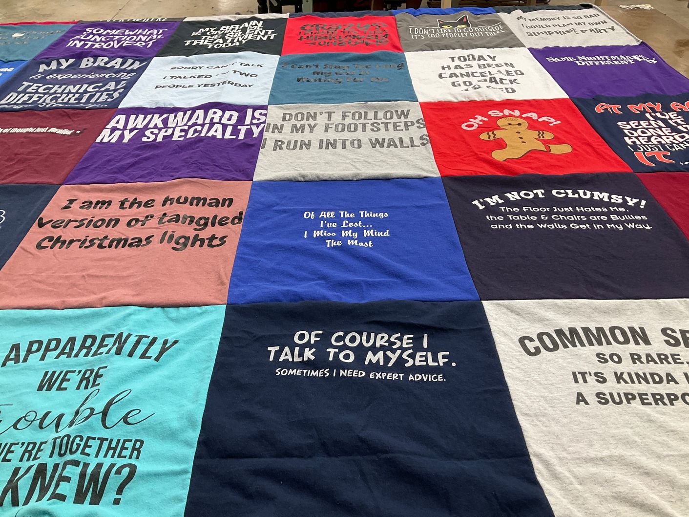 T-shirt quilt with humor themes by Kathryn from PA