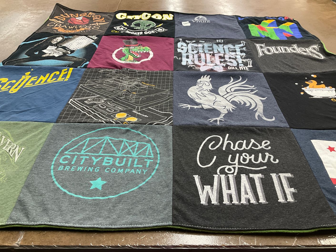 T-shirt quilt with gaming, brewing themes by Jessica from TX