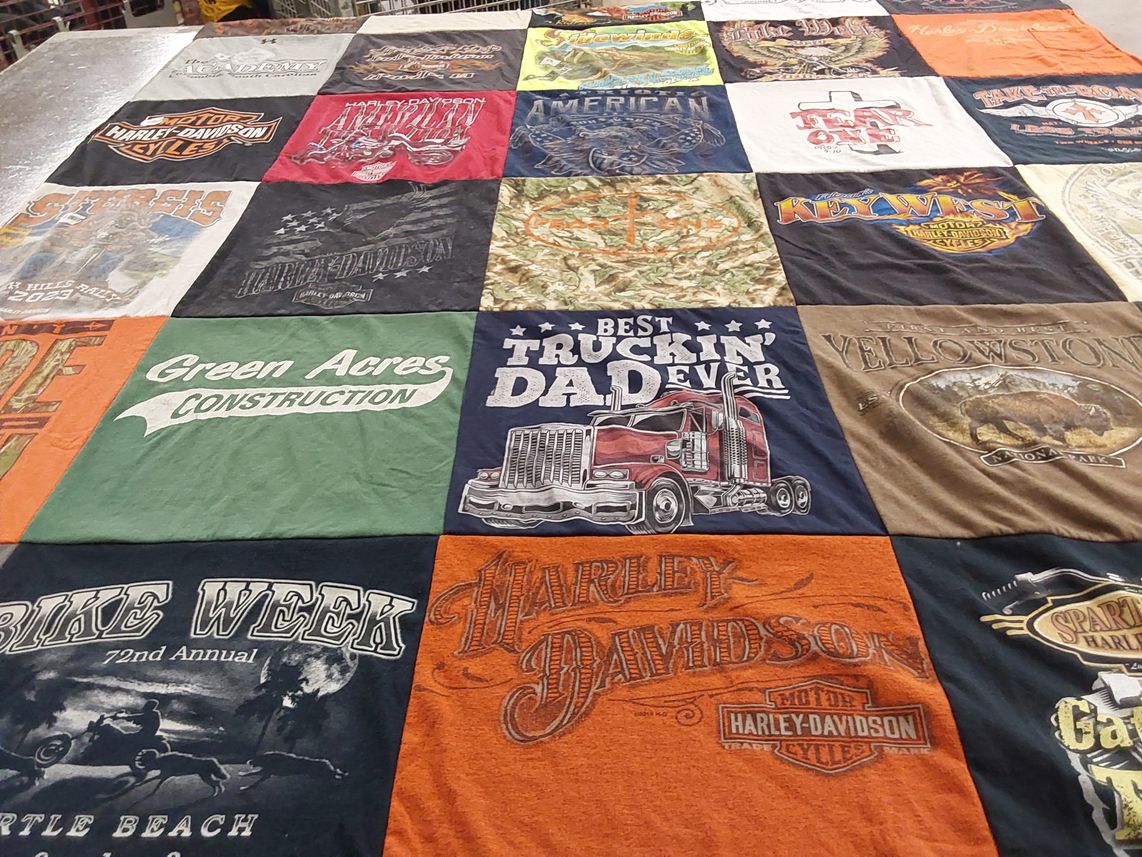 T-shirt quilt with motorcycles, construction themes by Krystal from SC