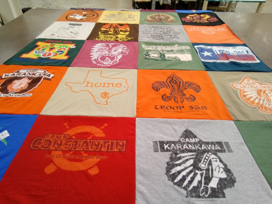 T-shirt quilt with camping, scouting themes by Rosa from TX