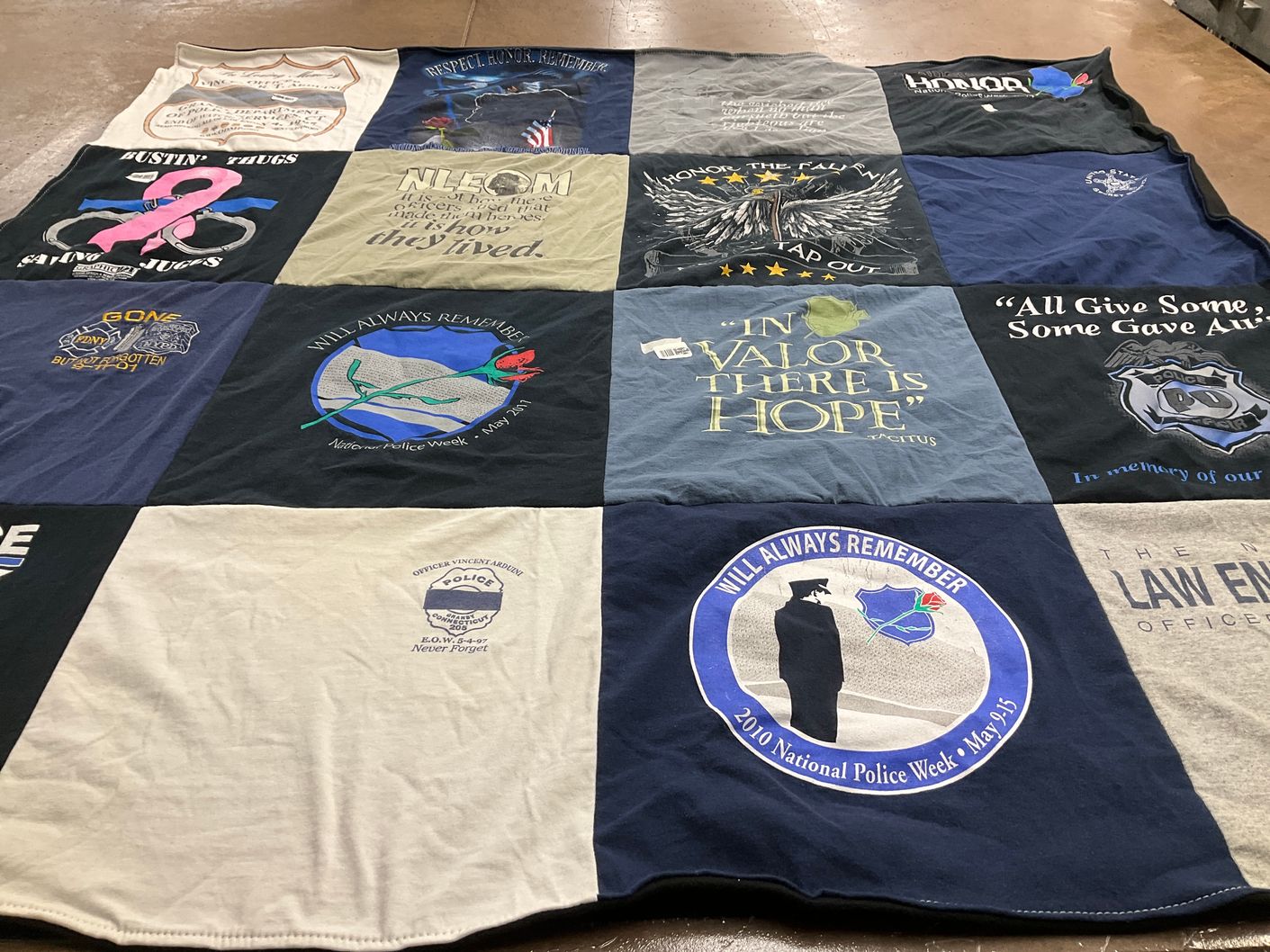 T-shirt quilt with law enforcement, memorials themes by Samantha from MA