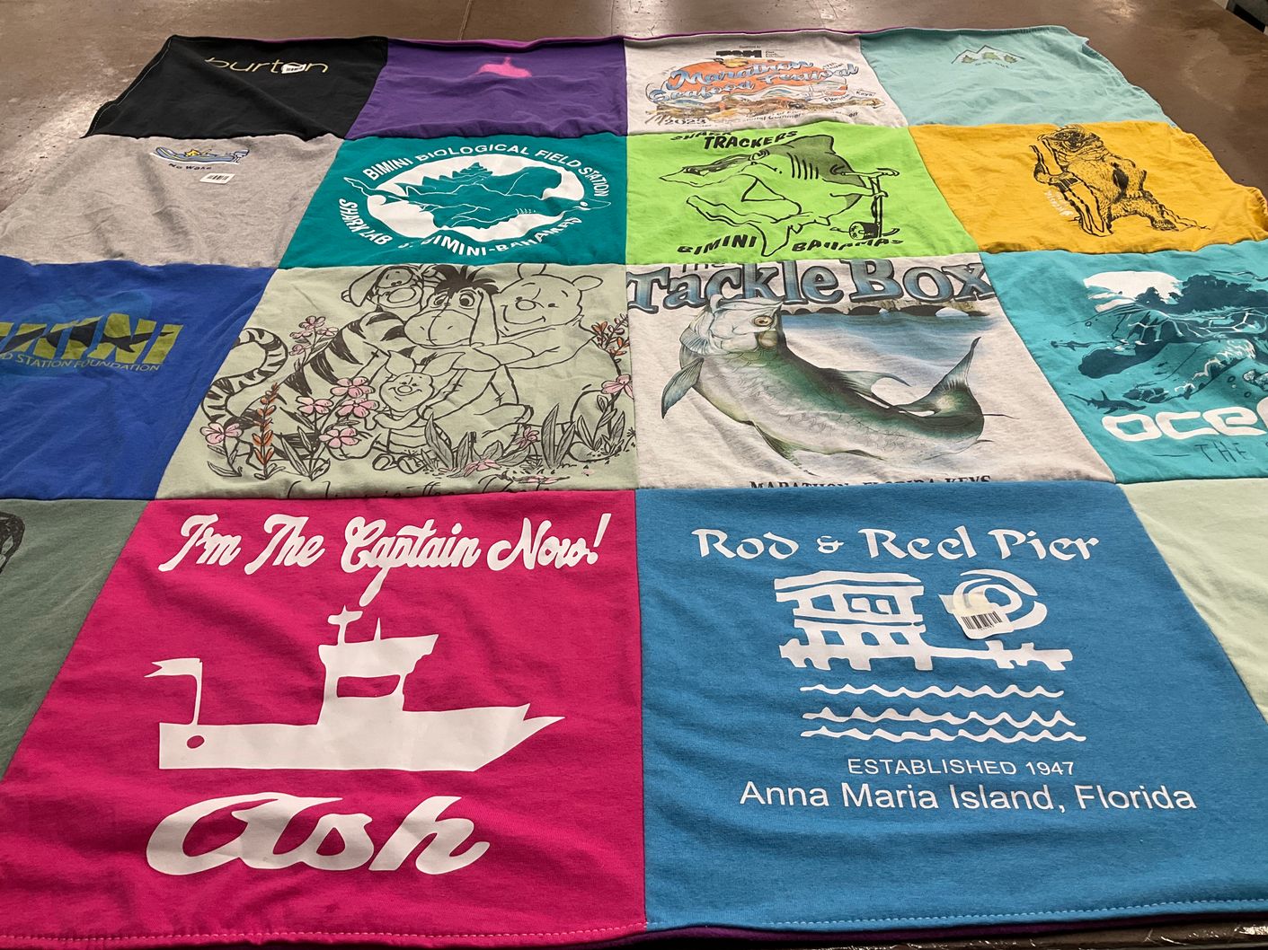 T-shirt quilt with fishing, marine biology themes by Ashley from FL