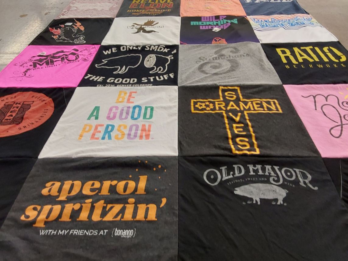 T-shirt quilt with food, beverages themes by Julie from NJ