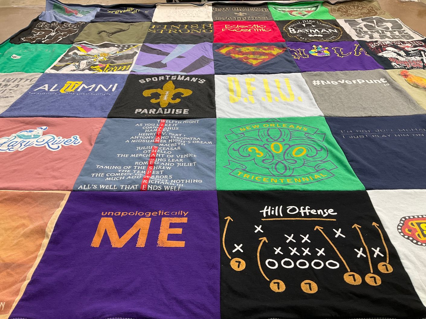 T-shirt quilt with theater, sports themes by Christopher from CA