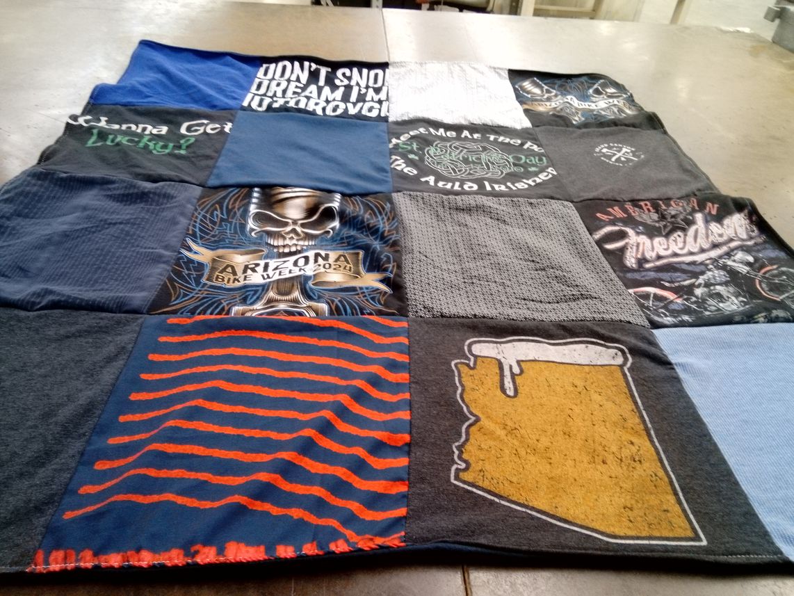 T-shirt quilt with motorcycles, biking themes by Loren from AZ