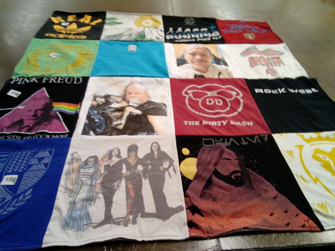 T-shirt quilt with music, running themes by Lori from UT