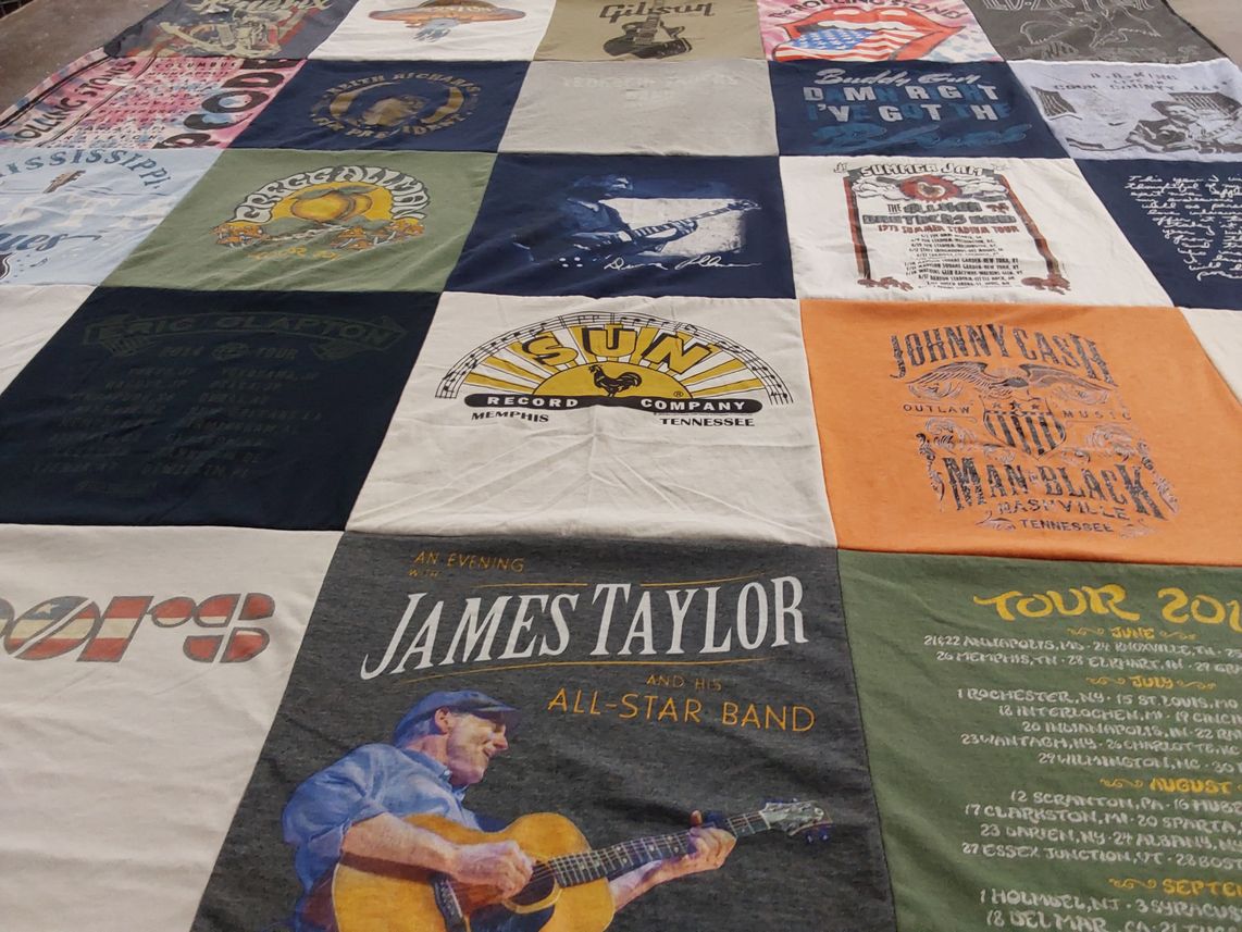 T-shirt quilt with music, concerts themes by Karin from TN