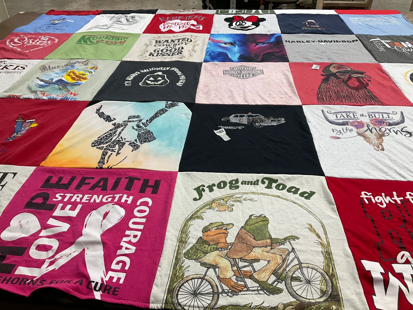 T-shirt quilt with motorcycles, literature themes by Vicky from IL