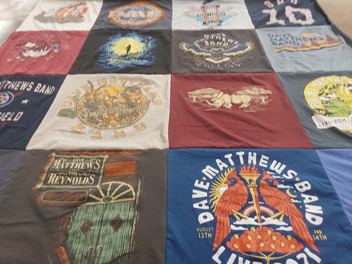T-shirt quilt with music, concerts themes by Katie from IN
