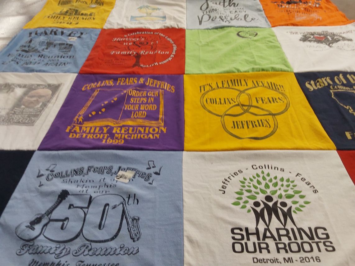 T-shirt quilt with family gatherings, heritage themes by johnetta from GA